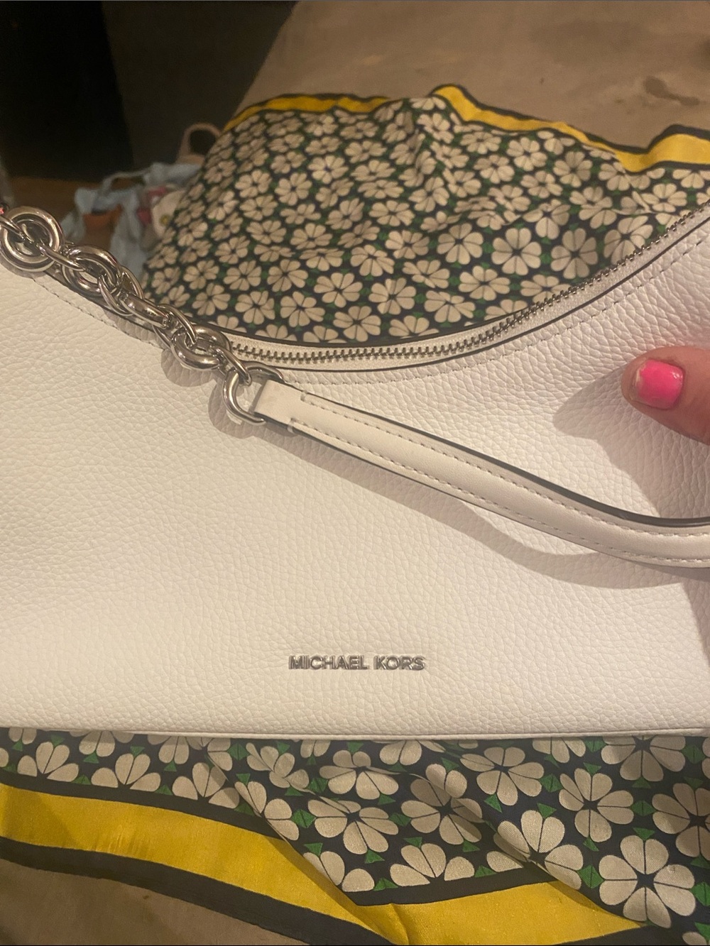 Michael Kors White Pebbled Leather Shoulder Bag with Silver Chain Detail